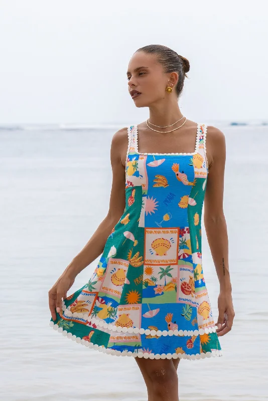 Praia Multicolour Tropical Lace Detail Mini Dress Chic Puff Sleeve Mini Dress