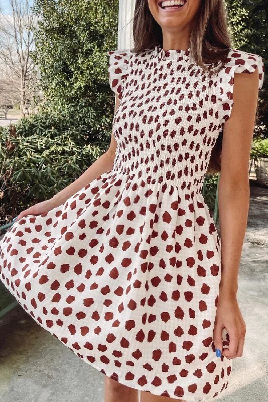 Brown Abstract Print Flutter Sleeve Smocked Mini Dress Trendy Floral Mini Dress