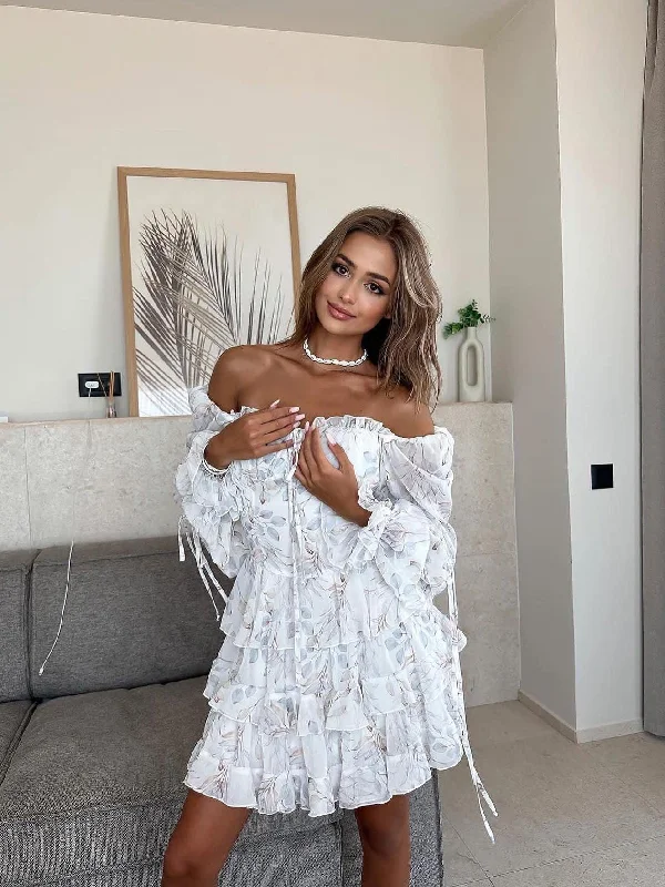 Elegant Ruffled Long-Sleeve Floral Mini Dress - Slim Fit Women's Daily Wear Classic Floral Mini Dress Elegant Ruffled Long-Sleeve Floral Mini Dress - Slim Fit Women's Daily Wear Classic Floral Mini Dress