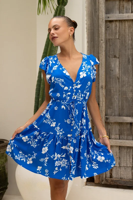 Lunaria Blue Floral Ruffle Mini Dress Elegant Floral-Print Mini Dress