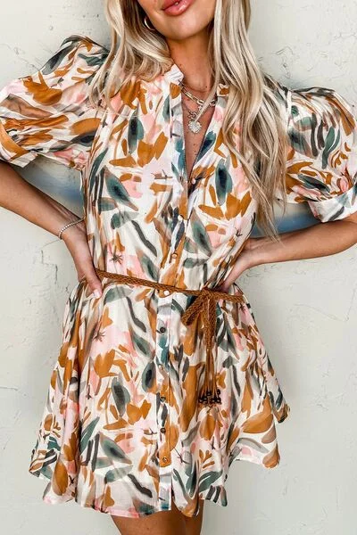 Printed Notched Short Sleeve Mini Dress Elegant Off-Shoulder Dress Mini