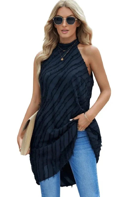 Black Textured Halter Lace-Up Sleeveless Mini Dress Cozy Knitted Mini Dress