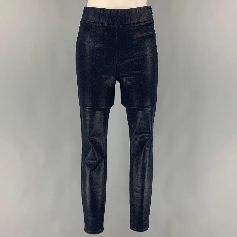 L'AGENCE Size M Navy Cotton Blend Faux Leather Elastic Waistband Leggings Cozy Workout Performance Leggings