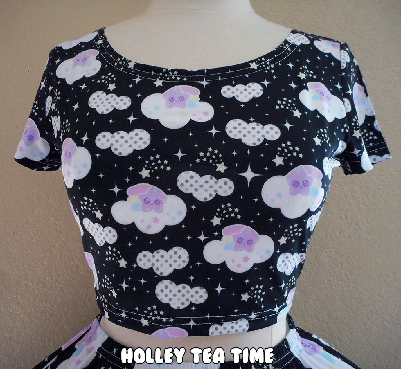 Shooting Star Clouds Black Short Sleeve Crop Top [Made To Order] Rayon Fabric Velvet Fabric Corduroy Fabric
