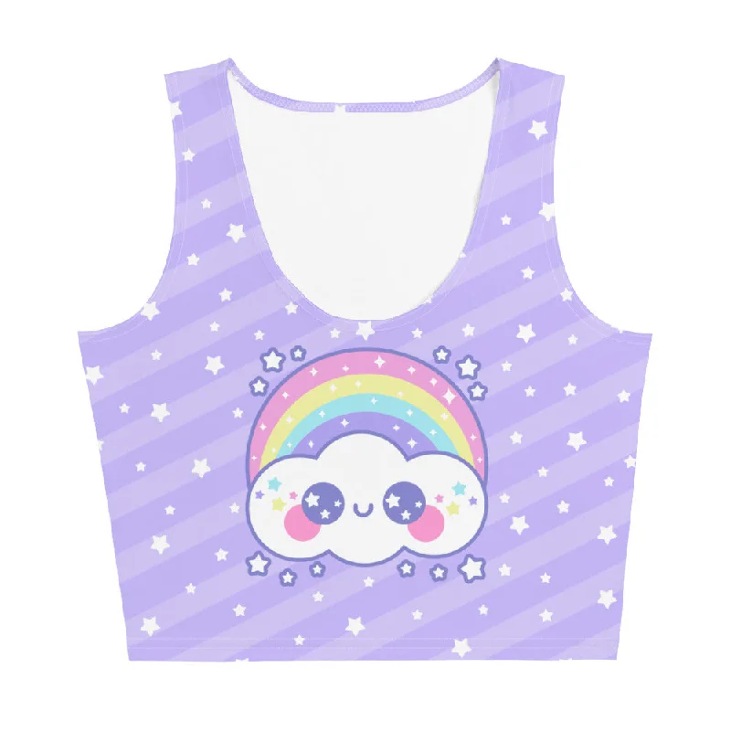 Happy Rainbow Cloud Purple Crop Top Hooded Caped Shawl Collar