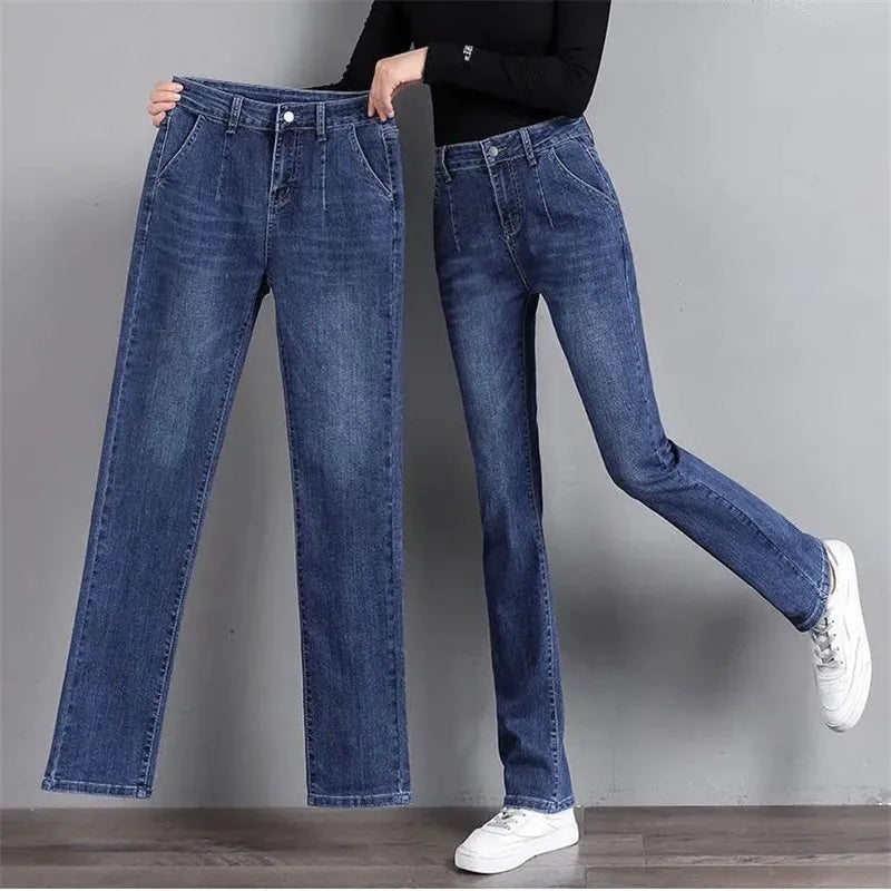 Vintage Stretch Straight Denim Trousers Women Streetwear Spring Autumn High Waist Slim Casual Pants Plus Size Ladies Jeans Trousers Running Lightweight Vintage Stretch Straight Denim Trousers Women Streetwear Spring Autumn High Waist Slim Casual Pants Plus Size Ladies Jeans Trousers Running Lightweight
