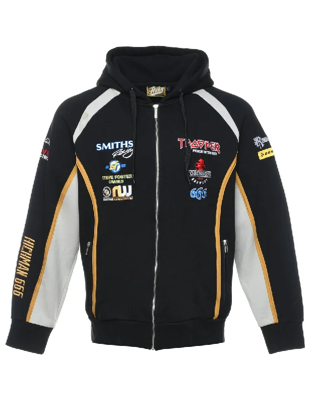 Black Embroidered Hoodie - L Hoodie with Hem Ribbing Snug Secure