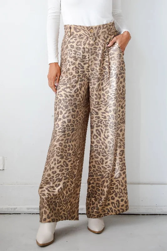 FINAL SALE - Wildly Poised Leopard Metallic Trouser Pants Trousers trendy modern