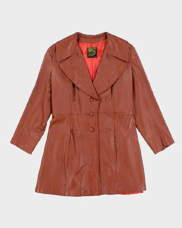 Vintage Women's 70's Gas Town Ltd Double Breasted Leather Trench Coat - M Plaid Tartan Floral