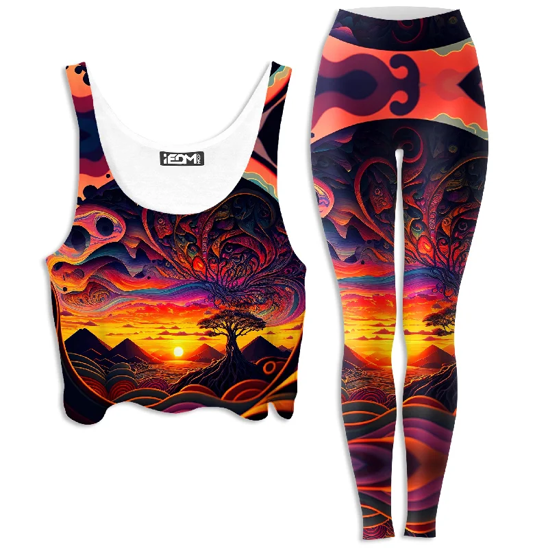 Acid Sunset Crop Top and Leggings Combo Hooded Caped Shawl Collar