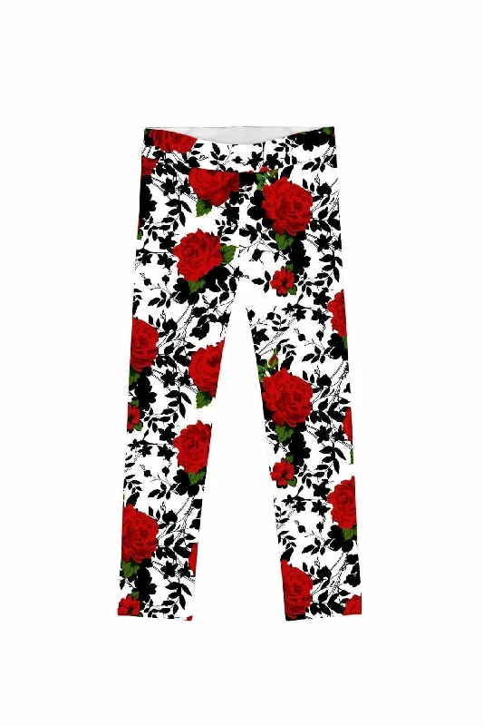 Queen Power Lucy Cute White Floral Printed Leggings - Girls Fashionable Full-Length Active Leggings