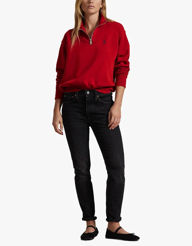 Half Zip Long Sleeve Sweatshirt - Madison Red Hoodie with Stripes Bold Sporty