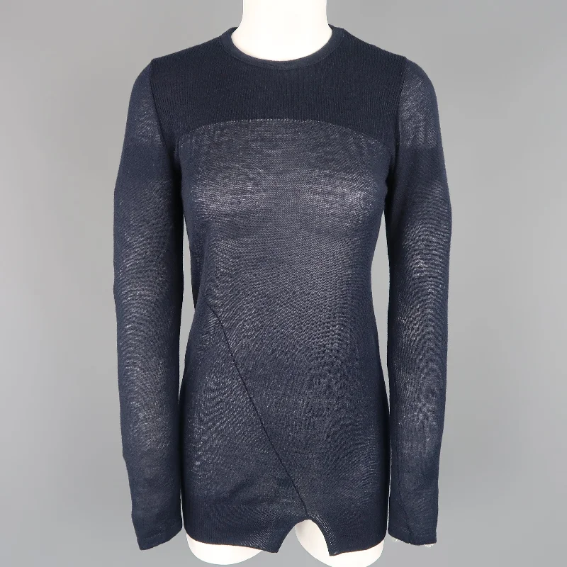 ISABEL MARANT Size L Navy Cashmere Sheer Burnout Pullover Shirred Sleeve Feminine