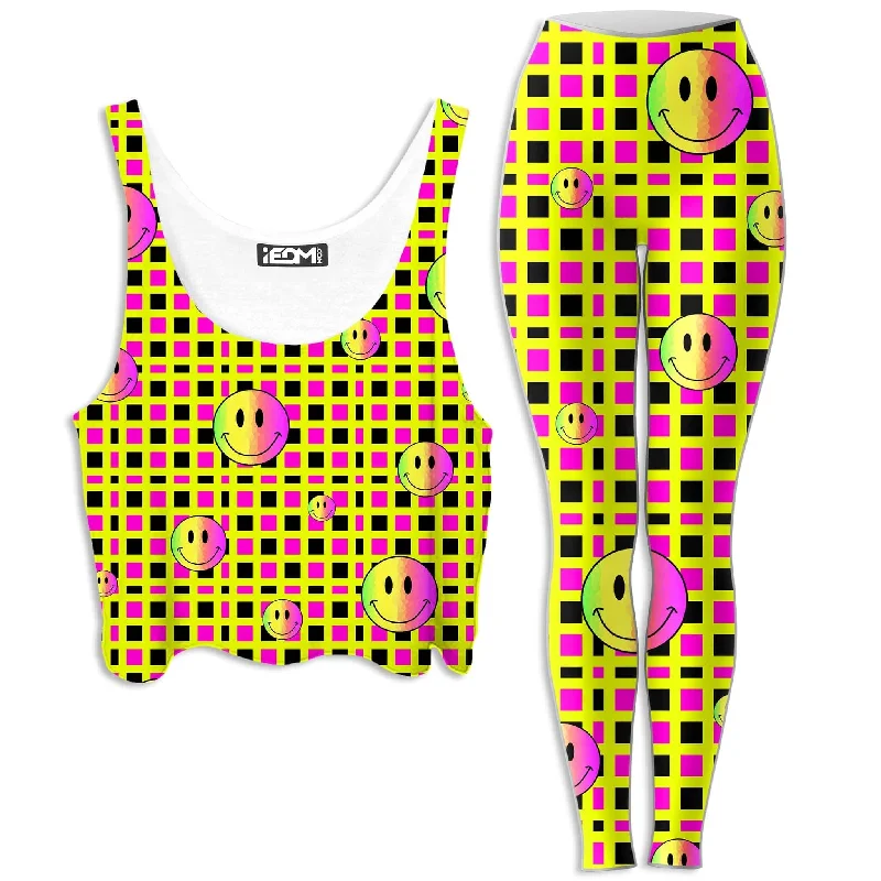 Happy Plaid Crop Top and Leggings Combo Front Pockets Side Pockets Patch Pockets