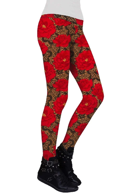 Hot Tango Lucy Red Floral Performance Leggings - Women Fashionable Sports Leggings