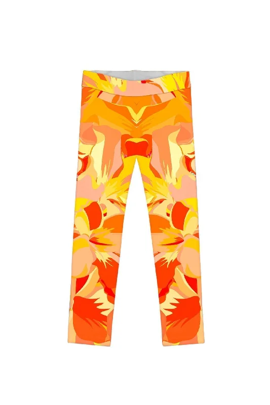 Flaming Hibiscus Lucy Cute Yellow Floral Print Legging - Girls Fashionable High-Rise Workout Leggings