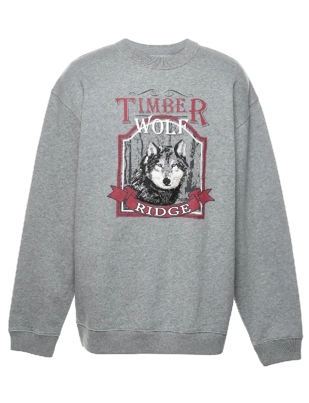 Marl Grey Timber Wolf Printed Sweatshirt - XL Hoodie with Drawstring Waist Adjustable Fitted Marl Grey Timber Wolf Printed Sweatshirt - XL Hoodie with Drawstring Waist Adjustable Fitted
