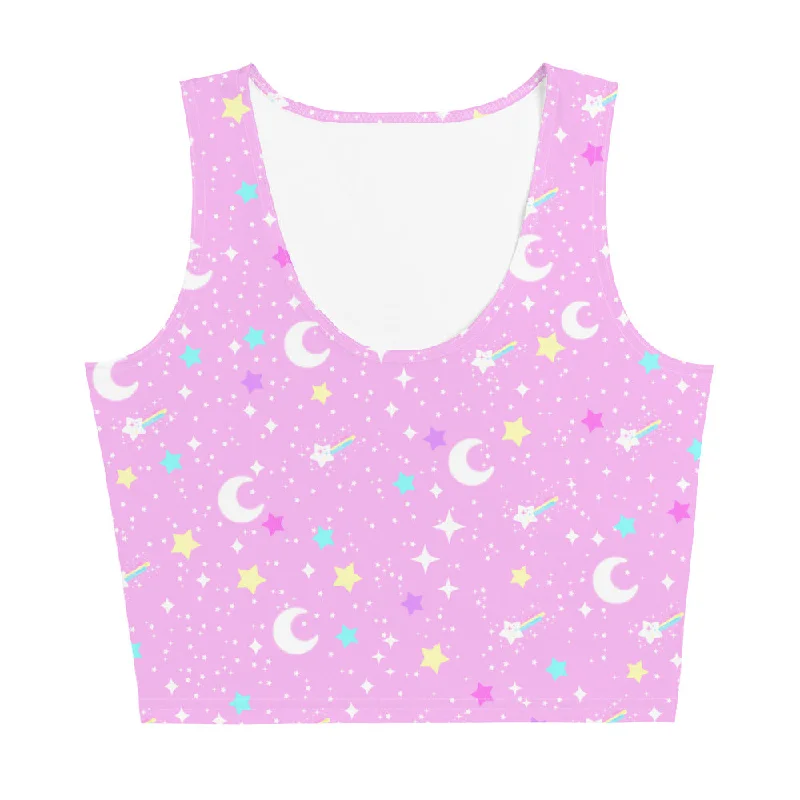 Starry Glitter Pink Crop Top Asymmetrical Pockets Print
