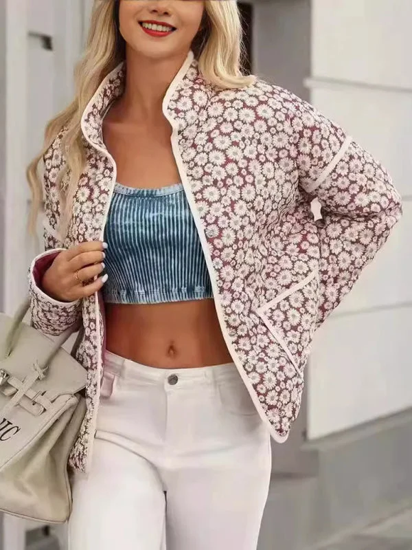 Blue Zone Planet | Sarah'S Retro Quilted Floral Loose Pocket Coat Fleece Down Feather