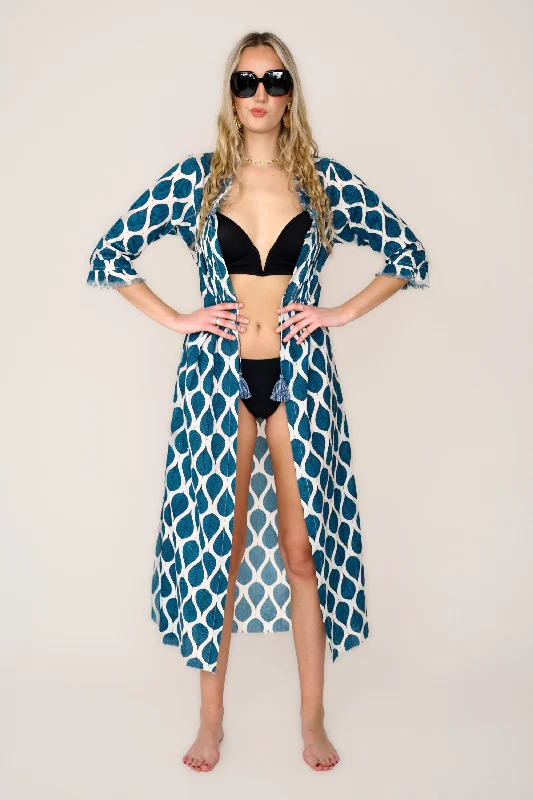 Cotton Annabel Maxi Coat in Blue Leaf Elasticated Drawstring Belted
