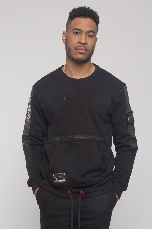 Buckled Front Pocket Pullover Crewneck Shawl Collar Sweater