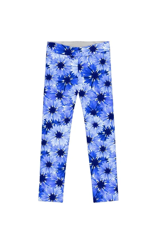 Little Wild Bloom Lucy Cute Blue Floral Print Leggings - Girls Comfortable Bootcut Workout Leggings