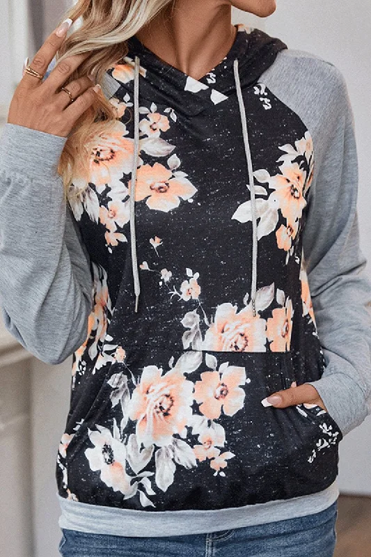 WOMEN LONG SLEEVE HOODED FLORAL PRINT PULLOVER Three Quarter Sleeve