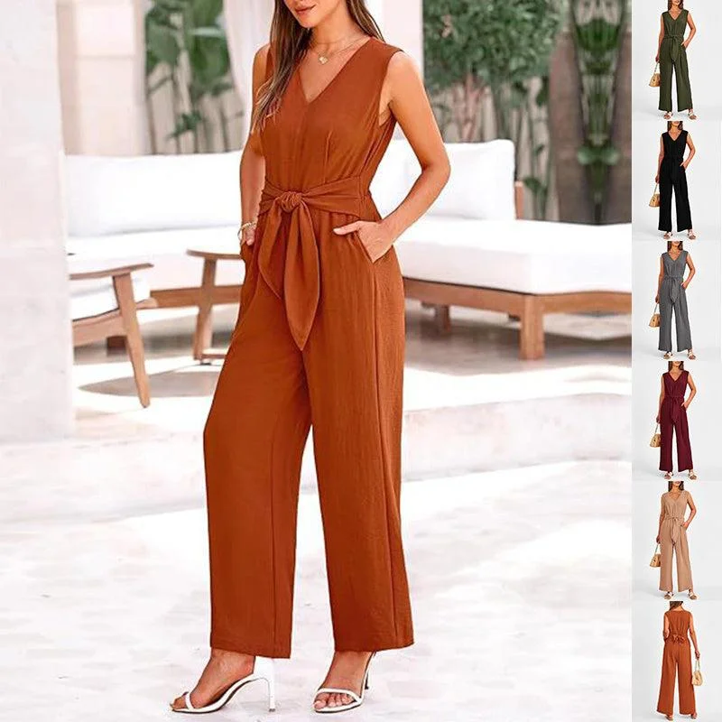 New V-neck Sleeveless Long Jumpsuit With Pockets And Lace-up Design Wide-leg Straight Trousers Summer Womens Clothing Trousers Floral Bohemian
