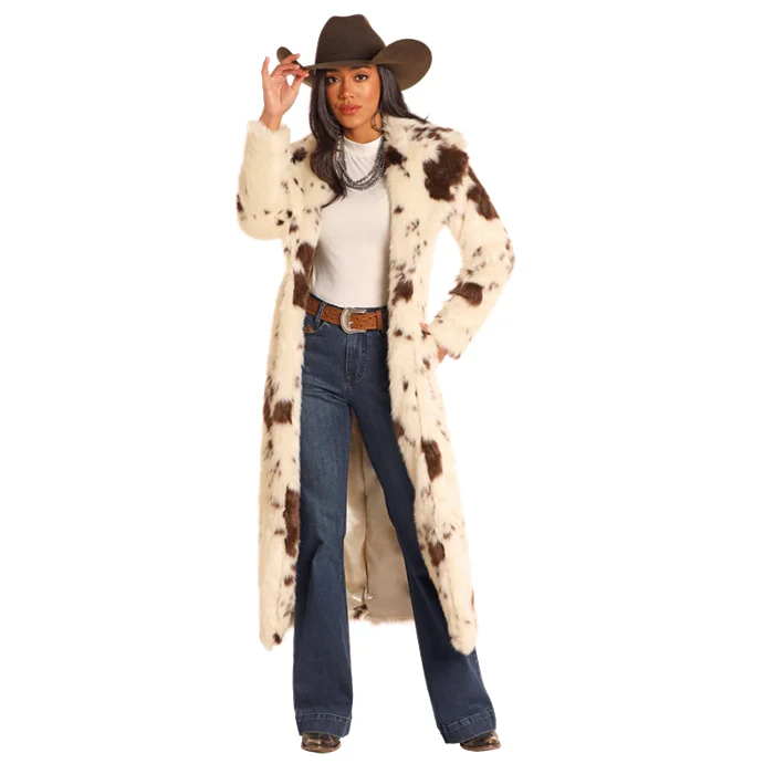 Powder River Outfitters Ladies Cow Print Natural Long Fur Coat DW92C04155 Crew Neck V-Neck Boat Neck Powder River Outfitters Ladies Cow Print Natural Long Fur Coat DW92C04155 Crew Neck V-Neck Boat Neck
