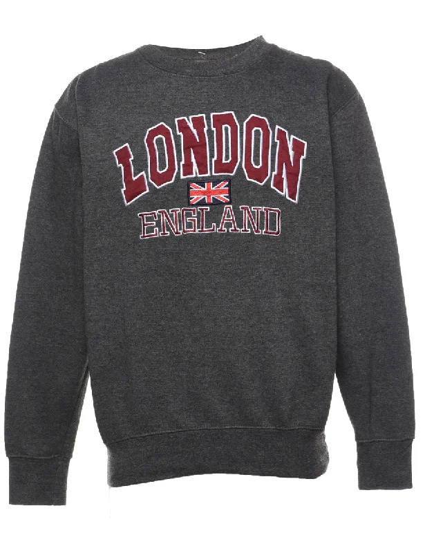 London England Dark Grey Embroidered Sweatshirt - S Hoodie with Hood Adjustable Protection London England Dark Grey Embroidered Sweatshirt - S Hoodie with Hood Adjustable Protection