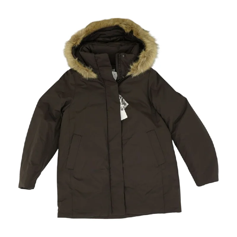 Brown Solid Puffer Coat Mesh Canvas Denim