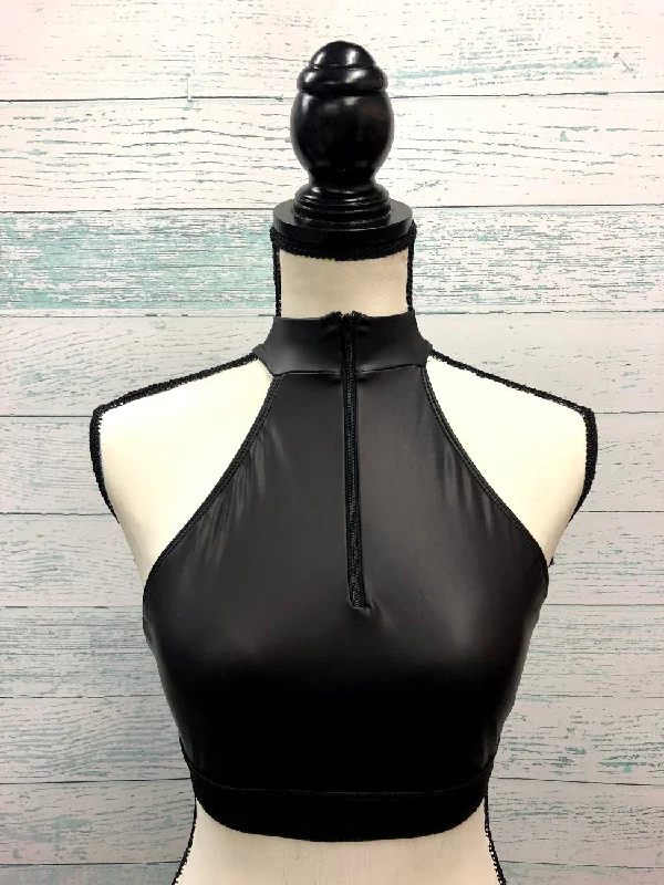 3194L Zip Front Open Back Crop Top Solid Color Striped Floral