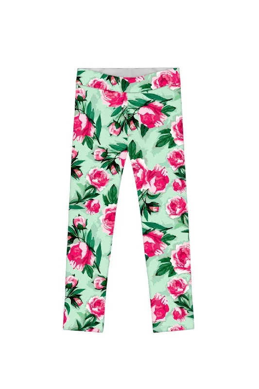 Sweetheart Lucy Cute Green Floral Printed Leggings - Girls Fashionable Quick-Dry Yoga Pants