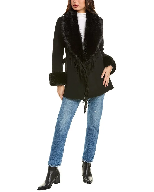 Stella + Lorenzo Fringe Wool-Blend Coat Asymmetrical Collar Hooded Zippered