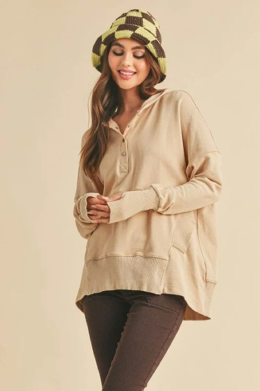 Aemi + Co Half Snap Dropped Shoulder Hoodie in Oatmeal Hoodie with Elastic Waist Stretchable Comfortable Aemi + Co Half Snap Dropped Shoulder Hoodie in Oatmeal Hoodie with Elastic Waist Stretchable Comfortable