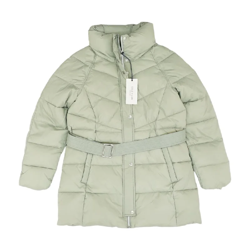 Green Solid Puffer Coat Zip Front Button Front Snap Front