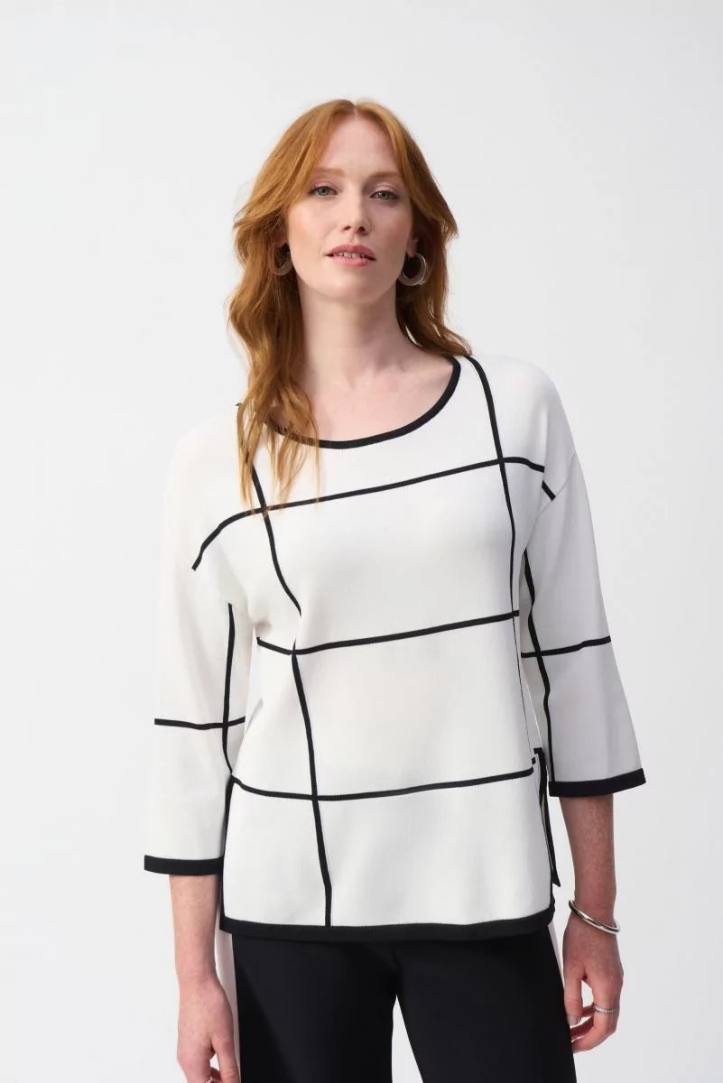 Joseph Ribkoff Pullover Style 251918 Vanilla/Black Plaid Ruffle Sleeve Feminine