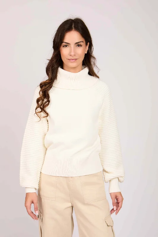 Women Pullover High Neck Sleeve  Off White Long Sleeve Pullover