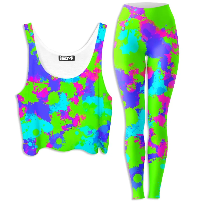 90s Neon Paint Splatter Crop Top and Leggings Combo Fleece Fabric Down Fabric Feather Fabric