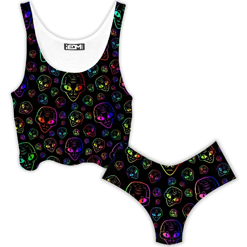 Alien Invasion Crop Top and Booty Shorts Combo Welt Pockets Slit Pockets Flap Pockets