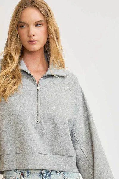 Umgee Half Zip Cropped Sweatshirt Plus Size Hoodie with Thumb Holes Functional Cozy