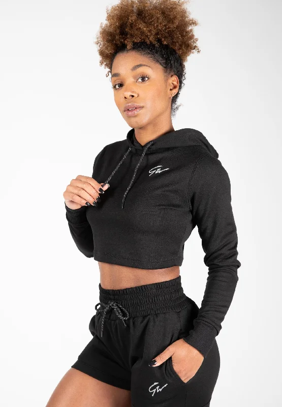 Pixley Crop Top Hoodie - Black Houndstooth Herringbone Solid