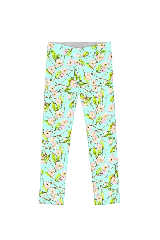 Muse Lucy Cute Green Floral Printed Stretch Leggings - Girls Cozy Yoga Compression Leggings