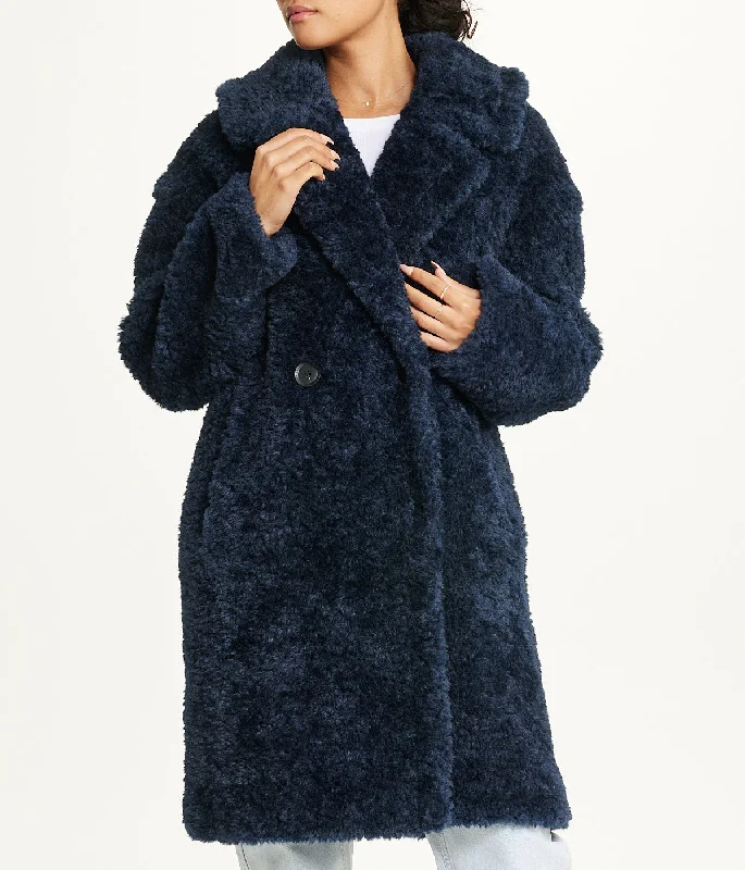 Notch Collar Curly Teddy Double Breasted Coat Sapphire Asymmetrical Collar Hooded Zippered