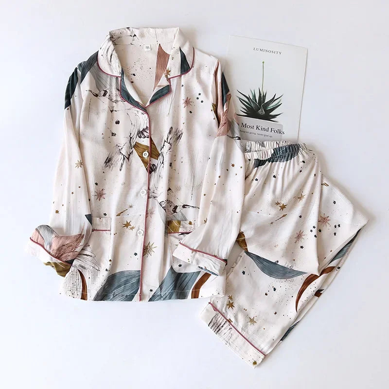 Spring / Summer New 100% viscose long-sleeved trousers ladies pajamas suit 3XL plus size long Sleepwear women's home Nightwear Trousers luxurious high-end