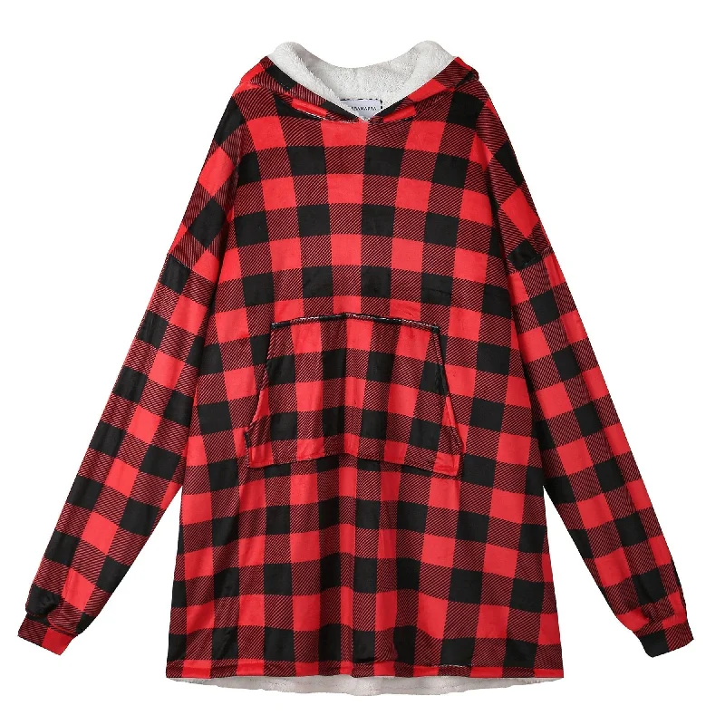 Hoodie Blanket Adult Red Check Hoodie Dress Longline Feminine