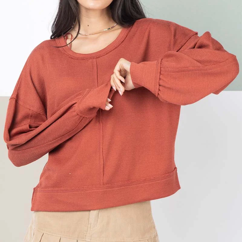 Ribbed Square Back Long Sleeve Pullover Top Boat Neck Sweater