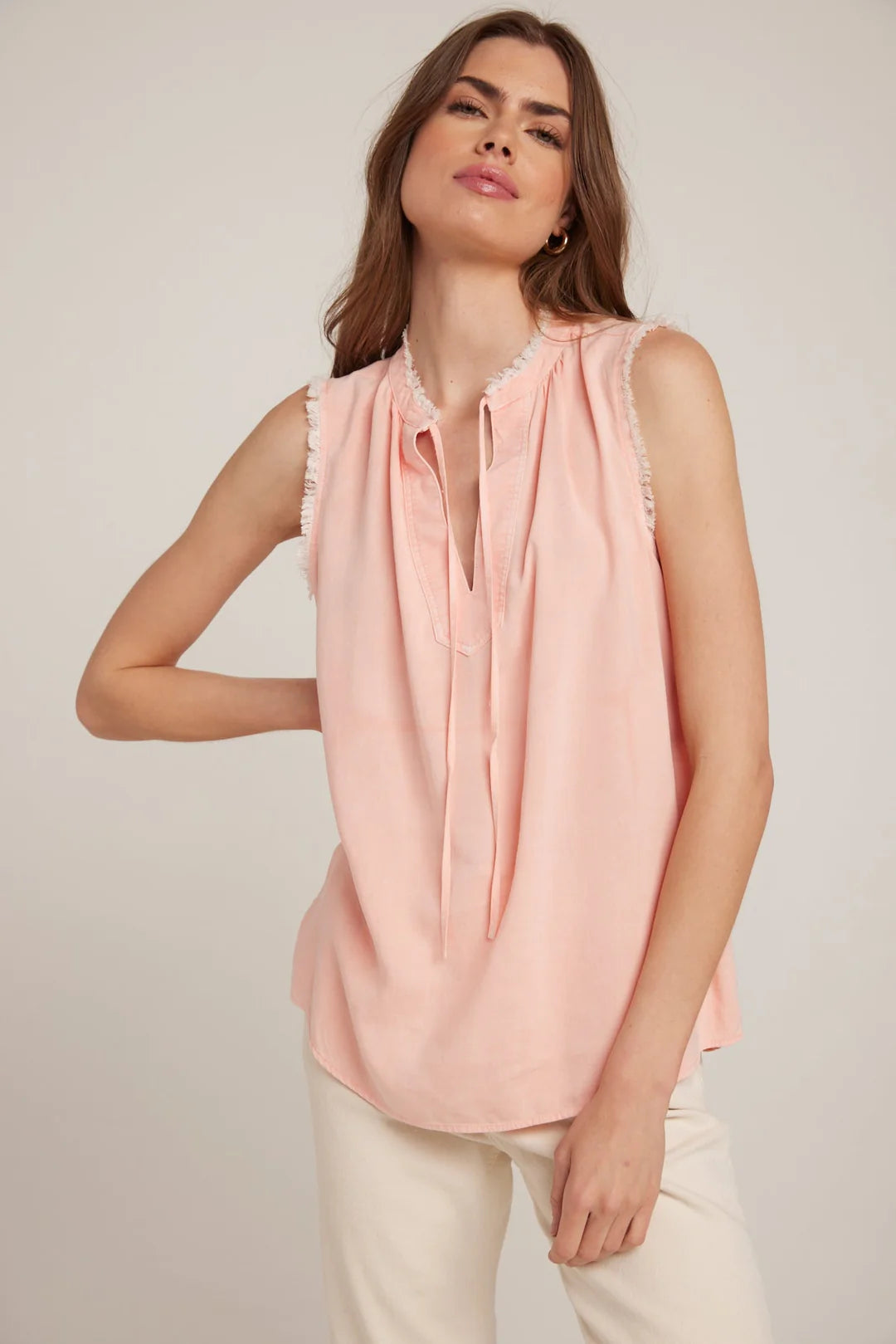 Bella Dahl Sleeveless Fray Edge Pullover Sunset Coral Turtleneck Warm Pullover