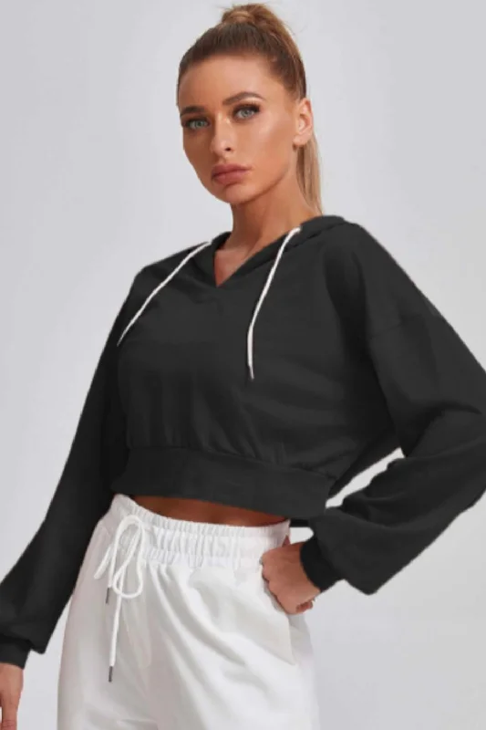 Black Cropped Hoodie Full Sleeves Hoodie with Hem Ribbing Snug Secure
