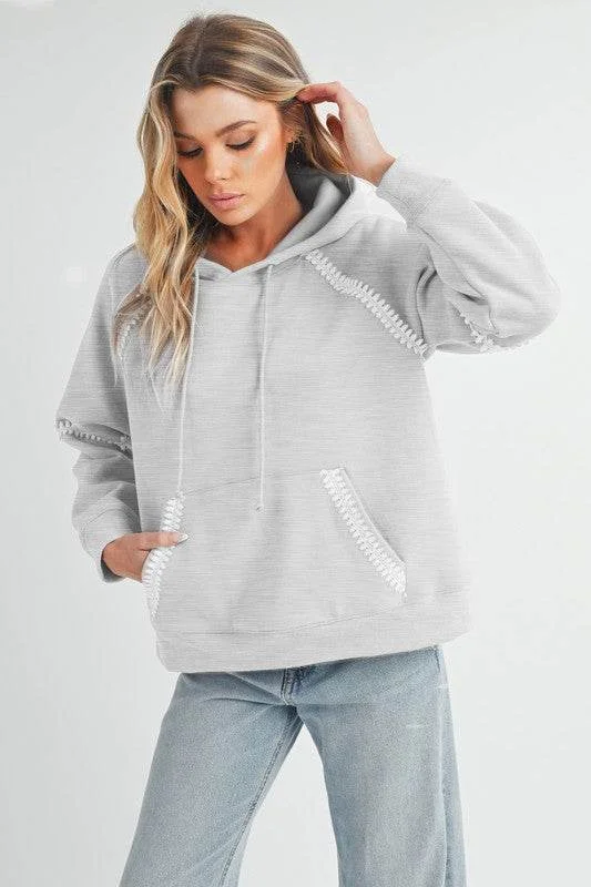 Aemi + Co Lace Detail Drawstring Hoodie with Kangaroo Pocket Hoodie with Rolled Sleeves Casual Relaxed Aemi + Co Lace Detail Drawstring Hoodie with Kangaroo Pocket Hoodie with Rolled Sleeves Casual Relaxed